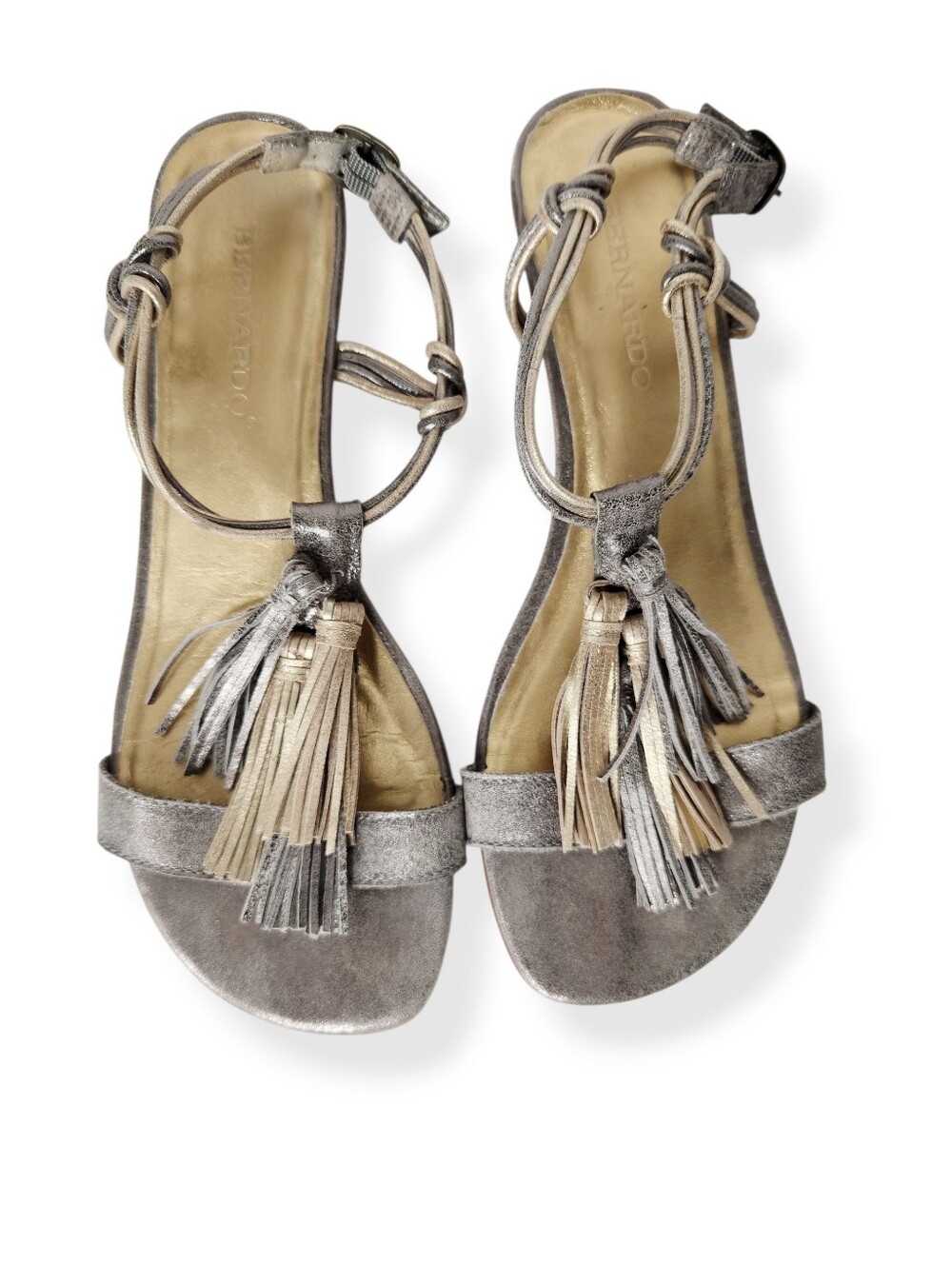 Bernardo Silver Gold Metallic Leather Fringe Tassel Wedge Shoes Women's Size 8M
